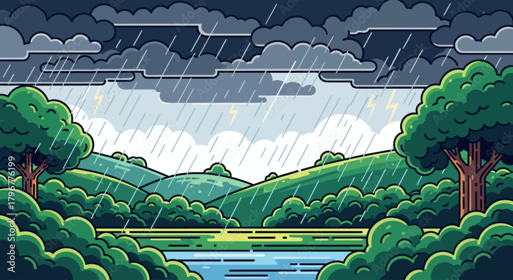 Obraz premium Vector landscape illustration of monsoon season with lush greenery, heavy rain, dark clouds, and reflections on wet ground