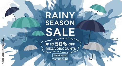 Vector template for rainy season sale banner with umbrella elements