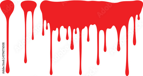 Red liquid drip. Flowing liquid dripping from above. Liquid paint drops on an isolated background. Flowing, spilling, dripping.