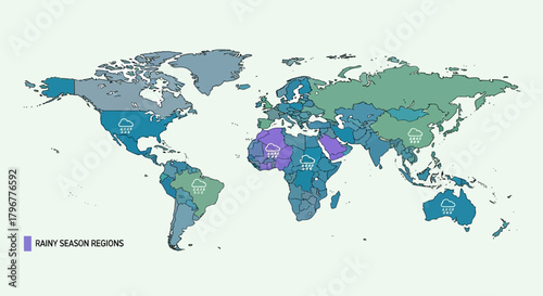 Vector world map with highlighted rainy season regions