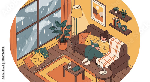 Cozy flat vector illustration of staying at home during rainy day, window with raindrops, warm tea, plants, books aesthetic minimalist style for lifestyle blogs