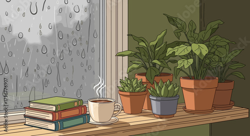 Cozy flat vector illustration of staying at home during rainy day, window with raindrops, warm tea, plants, books aesthetic minimalist style for lifestyle blogs