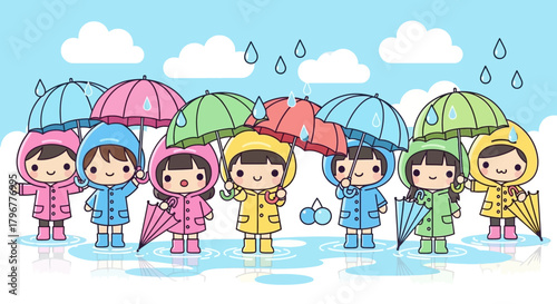 cute kawaii style vector characters wearing raincoats and boots