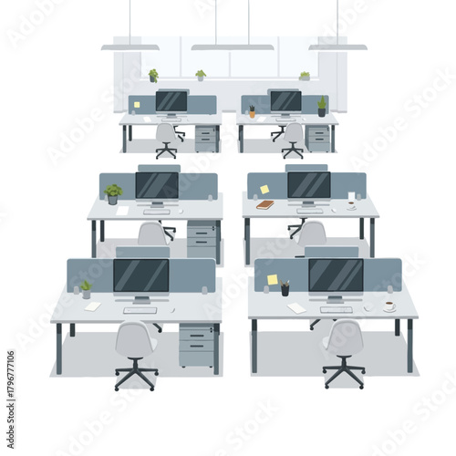 Modern open-plan office interior with multiple workstations, computers, and chairs, ready for work.