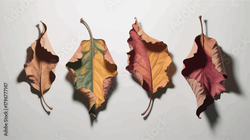 Four dried autumn leaves with vibrant colors arranged in a row