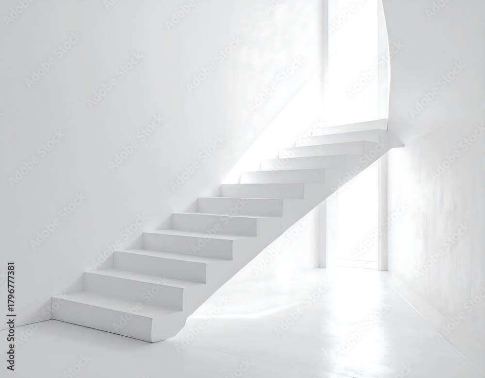 Fototapeta premium A stark white staircase ascends into bright light, contrasting against smooth walls. Interior architecture bathed in a minimalist, ethereal glow