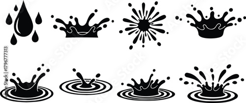 Splash water vector black set icon. Water drops, black sea ocean waves stencil. Liquid elements, cry droplet icons vector set.