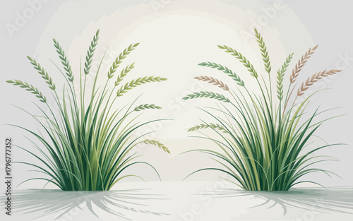 Two decorative ornamental grass plants with fluffy seed heads on a white background