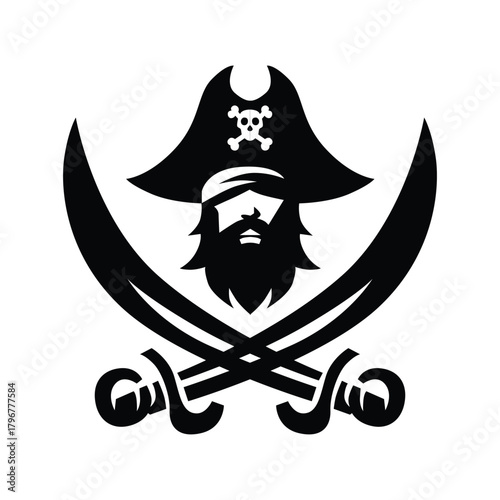 Pirate Skull Emblem with Crossed Cutlasses and Captain Hat