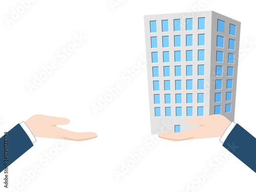 Vector illustration of handing over a building, business real estate transfer. 建物、ビル、マンションの引き渡し、不動産売買、譲渡のベクターイラスト