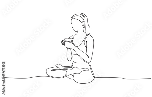 Continuous one line drawing of woman drinking tea after yoga exercise, single line art.
