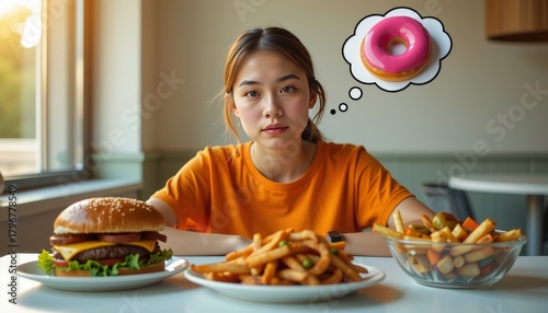 Young asian woman contemplates food choices in cozy kitchen balancing indulgence and health with natural light and thoughtful reflection