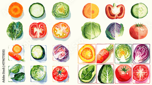 Watercolor vegetable set with sliced carrot, cucumber, cabbage, lettuce, pepper, and tomato. Hand-painted cross sections for healthy food design and kitchen decor.