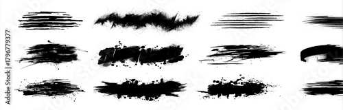 Black grunge ink brush strokes and hand-drawn vector textures with rough edges and square paint splash frames isolated on white