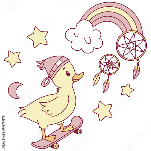 Playful Cheerful Duck design, styled with riding a skateboard and Dreamland shades in a Fantasy dream setting