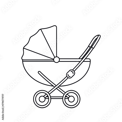 Baby stroller symbolizing parenting, childcare and infant mobility. Line art vector icon, isolated on a transparent background