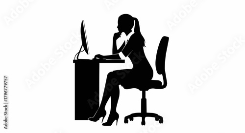 Silhouette of a woman working at a computer desk.