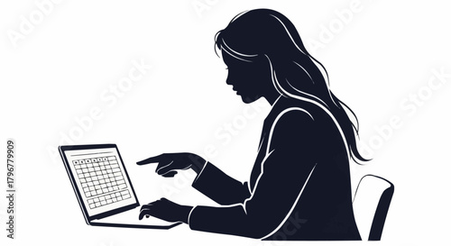 Silhouette of a woman working on a laptop computer with a calendar on the screen.