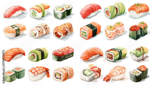 Watercolor sushi set with assorted nigiri, maki, and gunkan—salmon, tuna, shrimp, cucumber, and tobiko. Hand-painted Japanese food elements for menus, posters, and packaging.