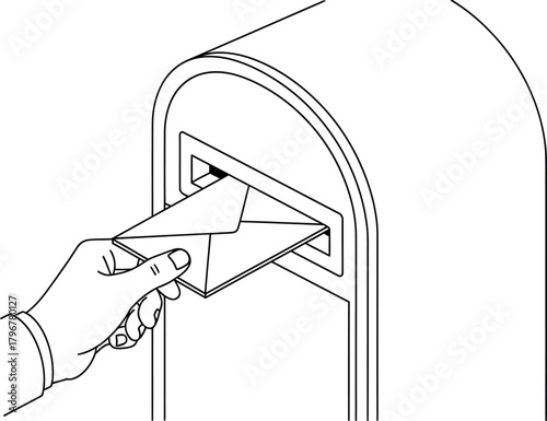 Hand Posting Letter into Mailbox - Black and White Line Art Illustration