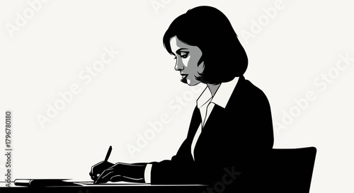 Businesswoman diligently writing at her desk, focused on work, professional attire.