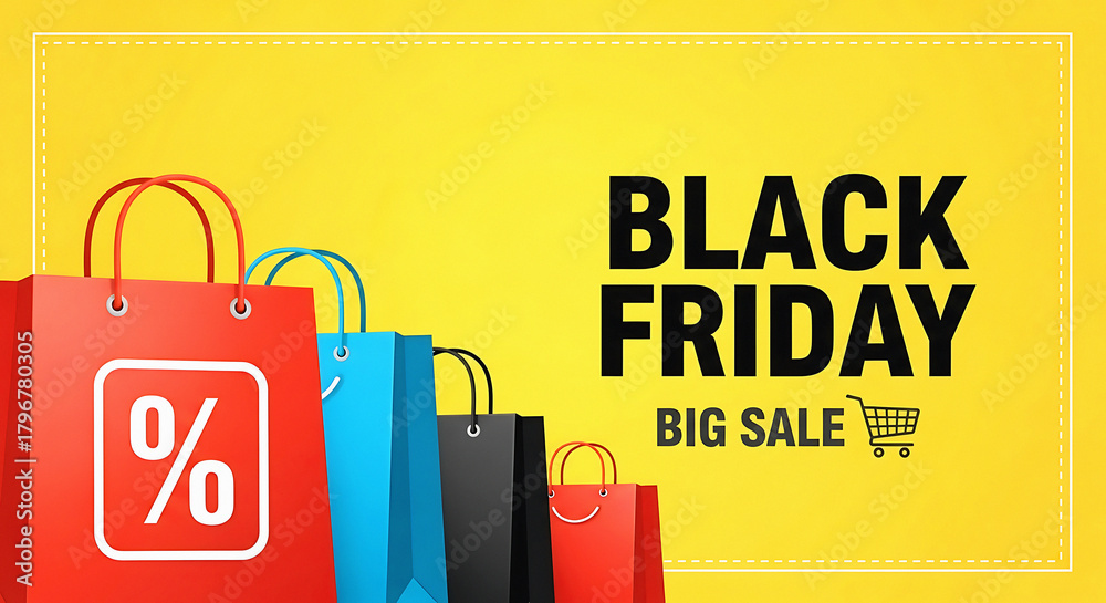 Naklejka premium Black friday big sale with shopping bags on yellow background banner