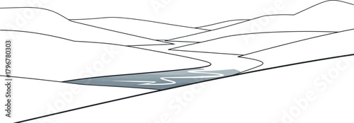 Serene winter landscape with snow covered hills and a winding river flowing through