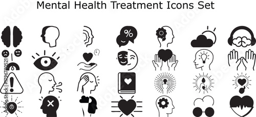 Mental Health Treatment Icon Set Line Vector Icons Pack Psychology Therapy Wellness Brain Care Depression Anxiety Mindfulness Editable Stroke Glyphs