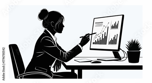 Silhouette of a professional woman analyzing business data charts on a computer.