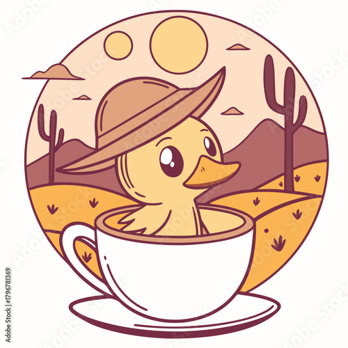 Surprised expression on a Duck in a Desert sunset theme, with in a teacup – Sundown Glow vector art