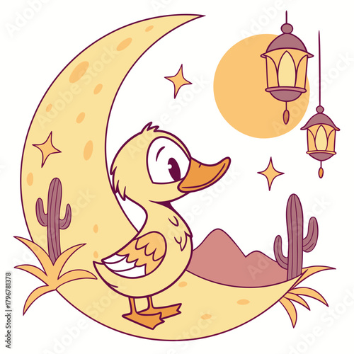 An adorable Duck with a Bashful vibe, sitting on a moon, and a Sundown Glow Desert sunset theme – SVG style
