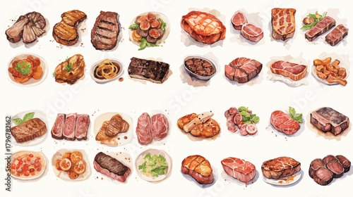 Watercolor steak set featuring seared cuts and slices—ribeye, sirloin, tomahawk, ribs, and more. Juicy grilled textures ideal for menu design, butcher posters, and food packaging.