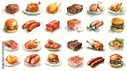 Watercolor meat collection on plates: steaks, chicken, sausages, burgers, ribs, and roasts. Hand-painted protein dishes for menu design, restaurant branding, and culinary illustrations.