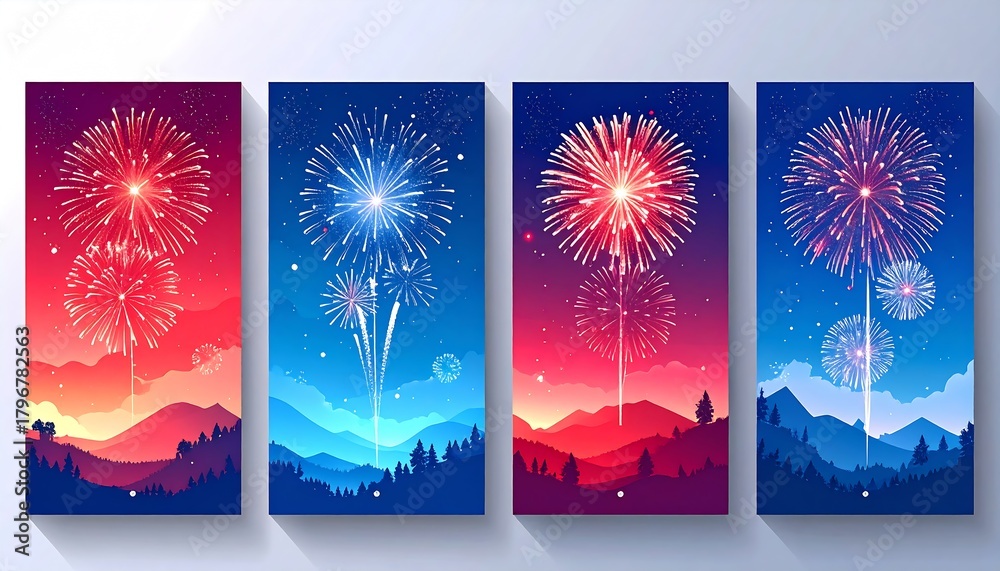 Happy New Year 2026 and Merry Christmas blue social media backgrounds with fireworks - Templates for company marketing stories, square, portrait posts