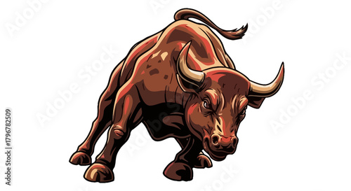 Vibrant and dynamic illustration of a powerful brown bull in an aggressive, ready-to-charge stance, symbolizing raw strength, fierce determination, and untamed energy