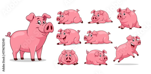 Adorable pink cartoon pig character set featuring various happy poses and joyful emotions for animation or design