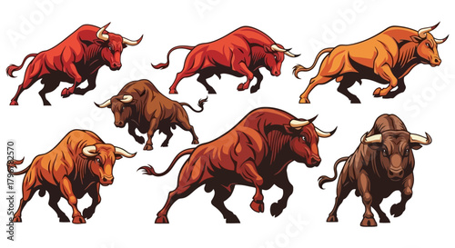 Illustrative Group of Charging Bulls Powerful Red and Brown Animal Collection, Ready to Charge