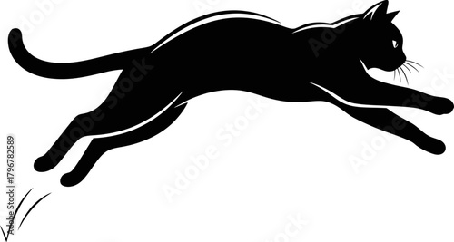 Silhouette of a black cat leaping with its tail extended, a dynamic illustration of feline agility
