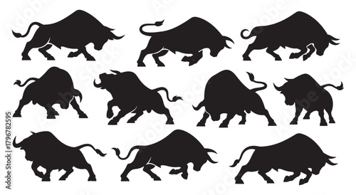 Black Silhouette Bull Set - Powerful Animal Symbol for Design and Branding