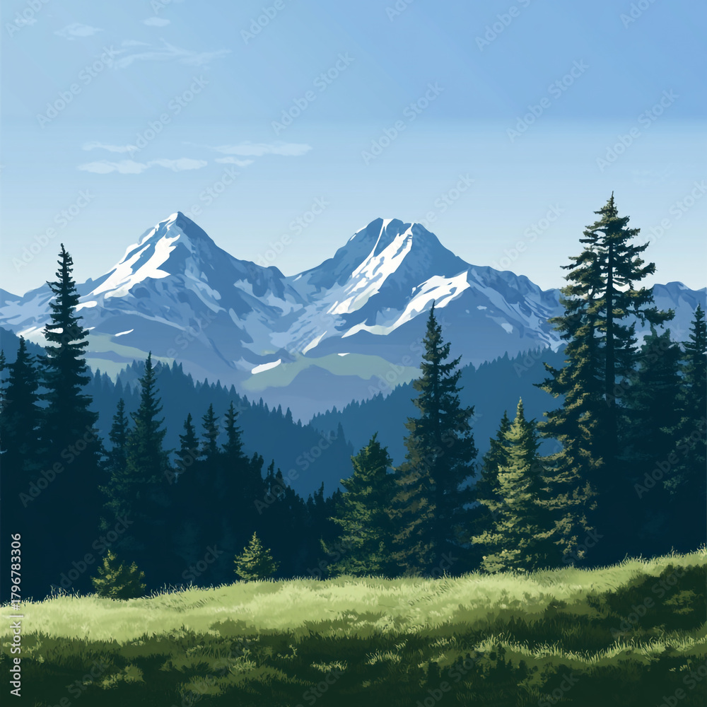 Fototapeta premium Alpine Meadow View, Conifer Trees and Distant Snow Capped Mountains Illustration