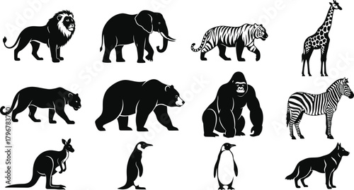 Collection of silhouette wildlife animals including lion elephant tiger giraffe zebra gorilla penguin