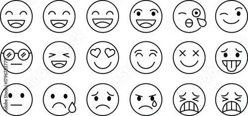 Collection of hand drawn cartoon smiley face emojis expressing a variety of emotions and feelings in a simple line art style