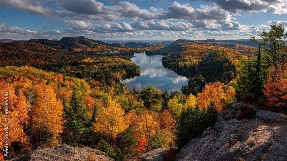 Naklejka premium A breathtaking Quebec vista where fall’s brilliance and quiet wealth collide.