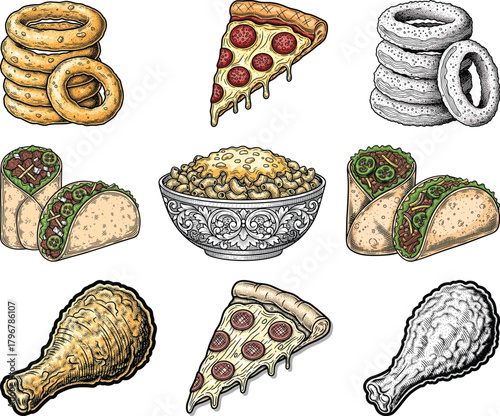 Vintage engraved fast food collection featuring tacos onion rings mac and cheese pizza slices and fried chicken icons