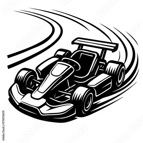 go-kart cornering hard with visible tire deformation and aerodynamic body panels