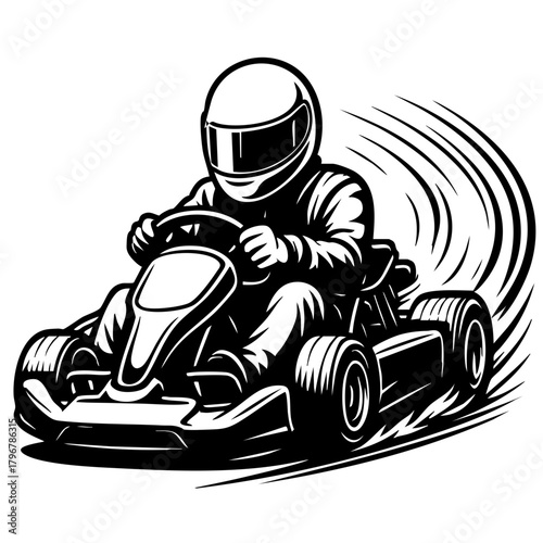 street go-kart drifting around a corner, front-three-quarter angle, detailed wheels and motion lines