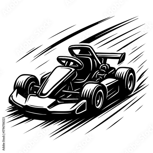 performance street go-kart racing through city streets, low angle perspective and dynamic energy