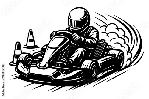 aggressive street go-kart drifting through traffic cones, bold linework