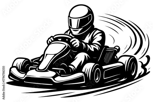 street go-kart racing at high speed, low front angle with bold outlines and tire smoke