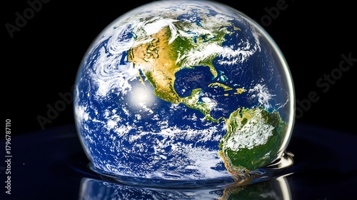 Fototapeta Naklejka Na Ścianę i Meble -  Floating water droplet capturing image of planet earth and soft white clouds above